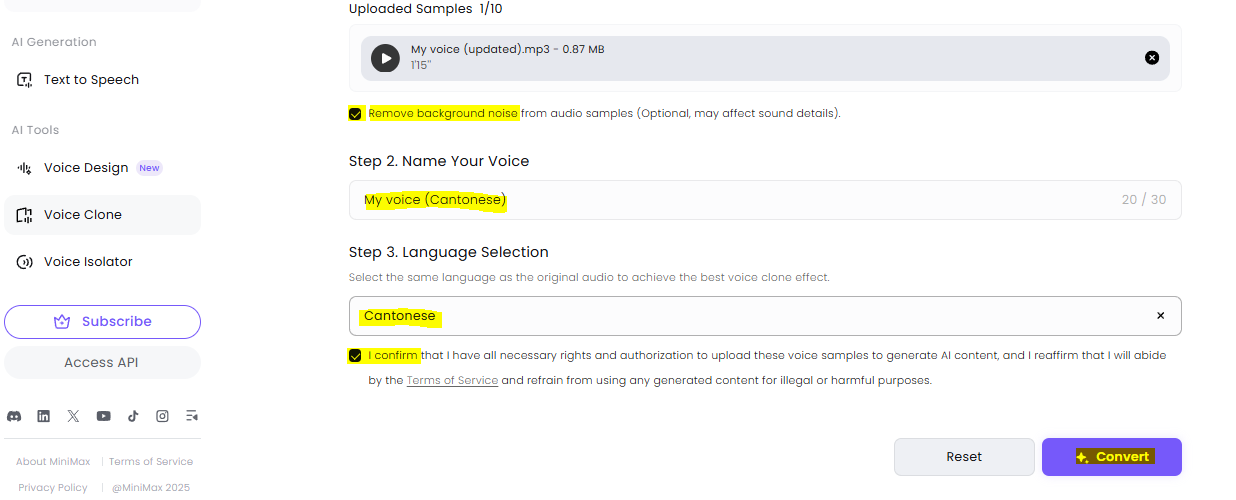 Minimax Voice Cloning - Step 2 Configure