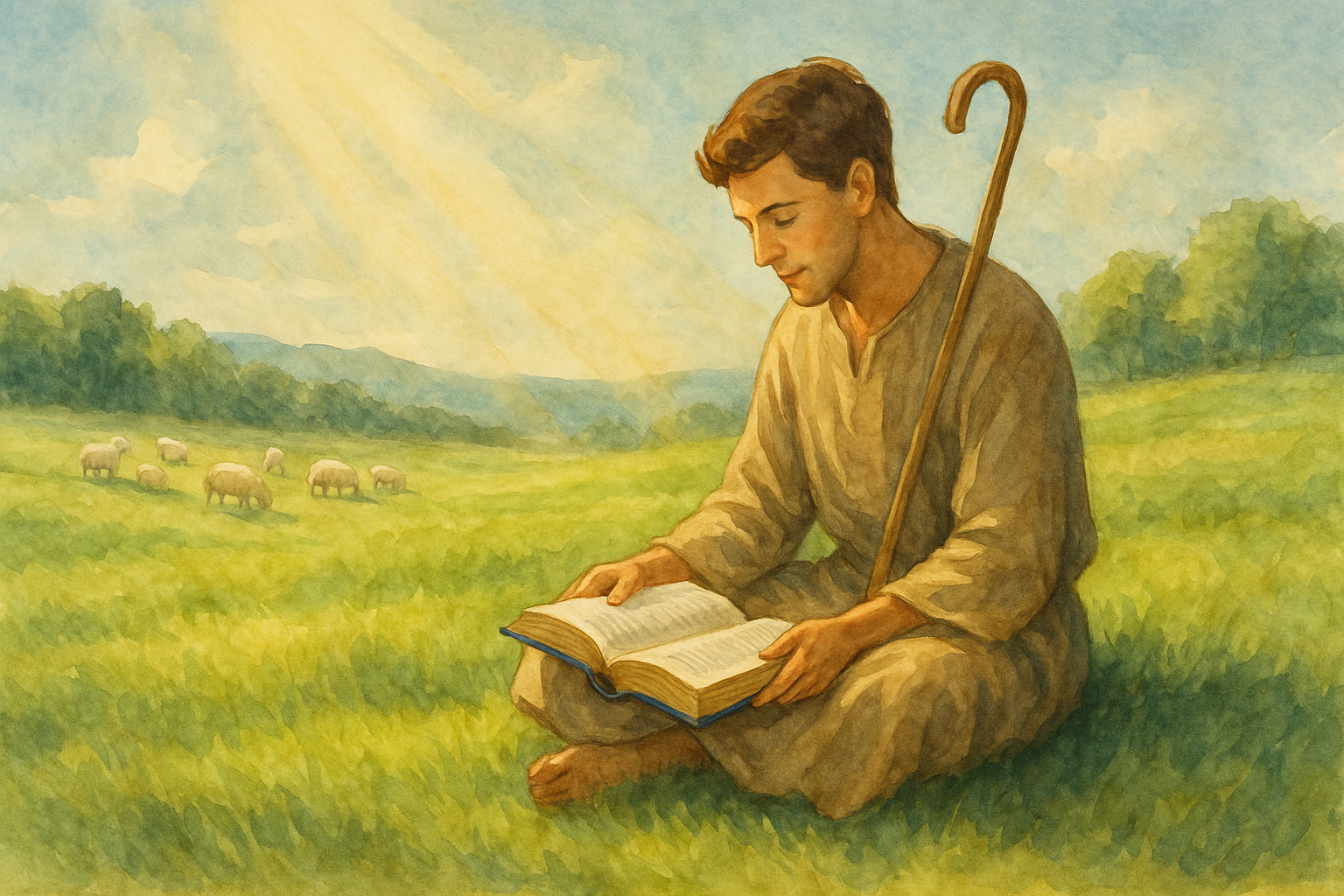 A shepherd sitting in a grassy field reading a book, with sheep in the background.