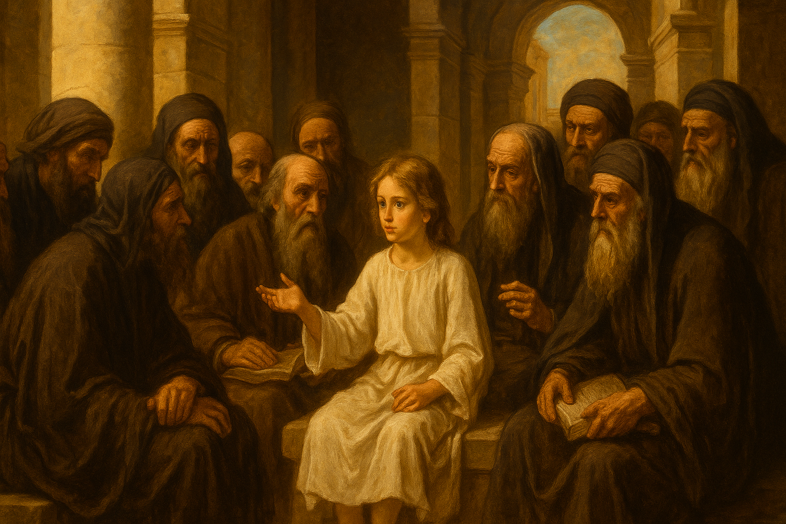 A young Jesus sitting amongst and speaking to a group of older, bearded men in a temple.