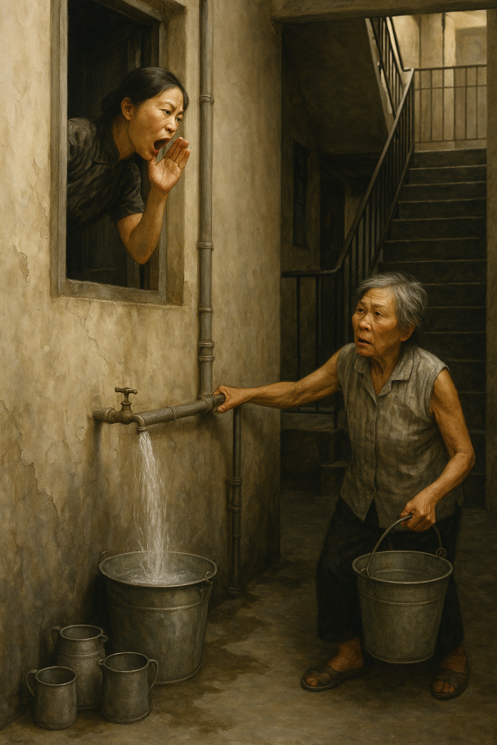 Artwork of a woman shouting from a window to an older woman below who is collecting water from a tap.