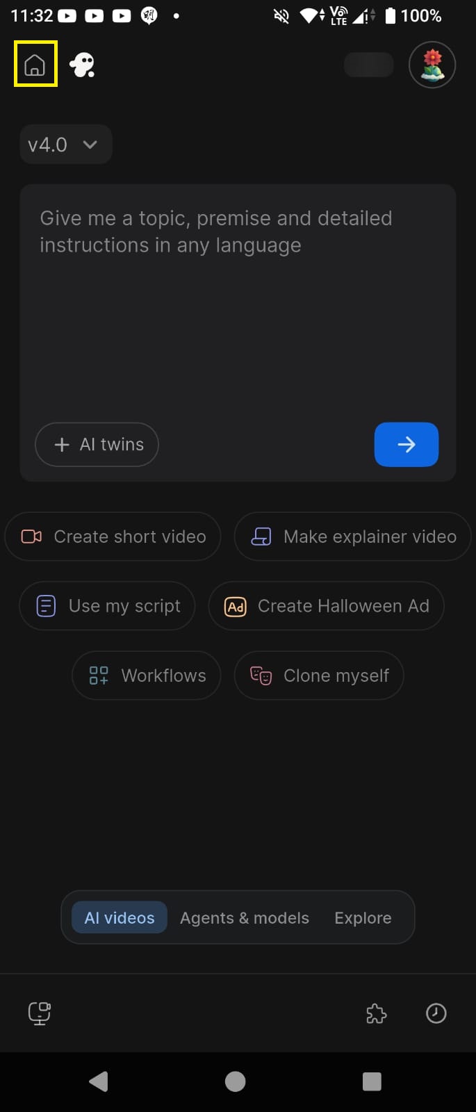 主畫面：Create AI video 與 History